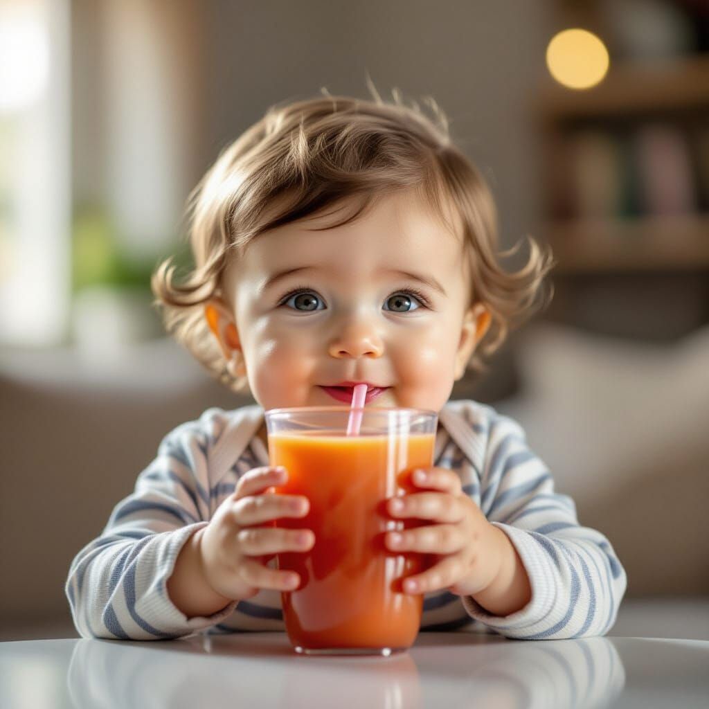 Photorealistic Baby Boy Drinks Juice in Natural Light