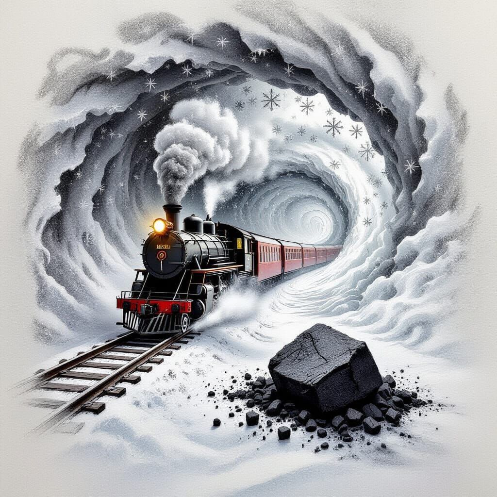 Black-and-white pencil drawing. On a sheet of paper lies a small piece of coal, and from it a train seems to emerge, drawn with soft graphit...