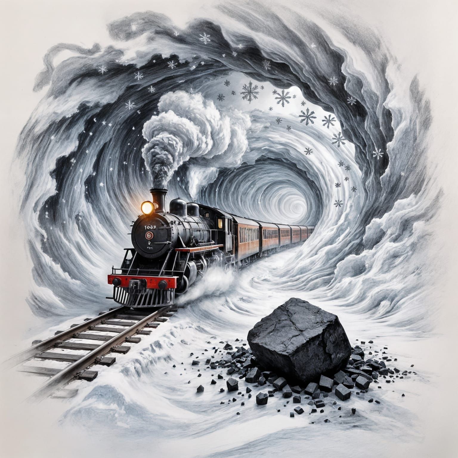 Black-and-white pencil drawing. On a sheet of paper lies a small piece of coal, and from it a train seems ...  by @Schoor