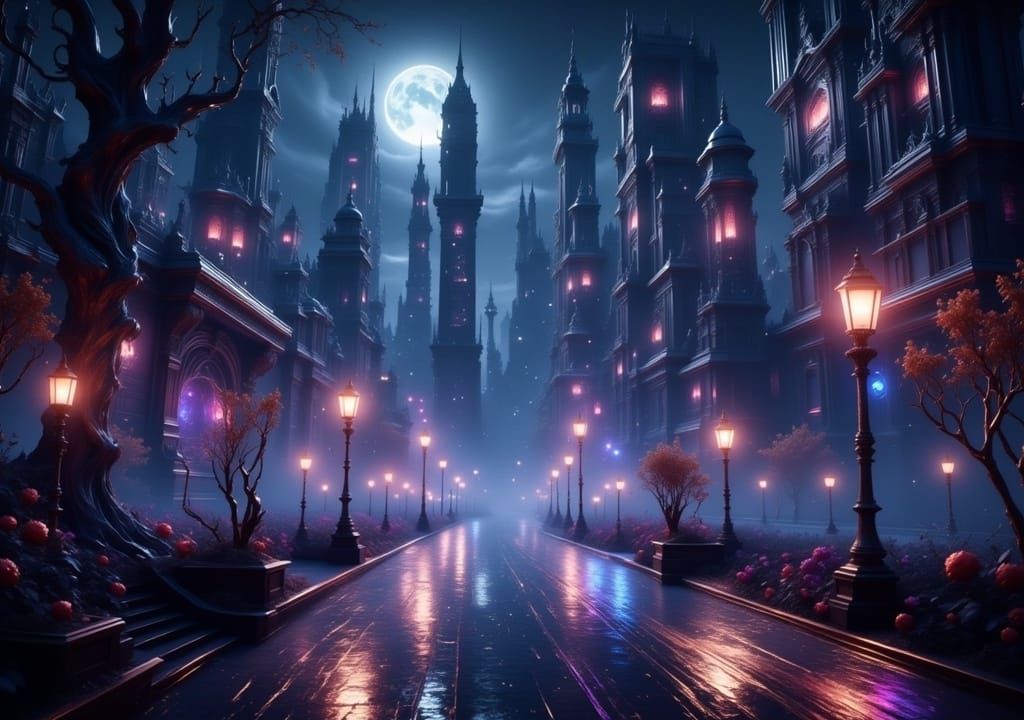 Cityscape neon lighting tall buildings misty rain  