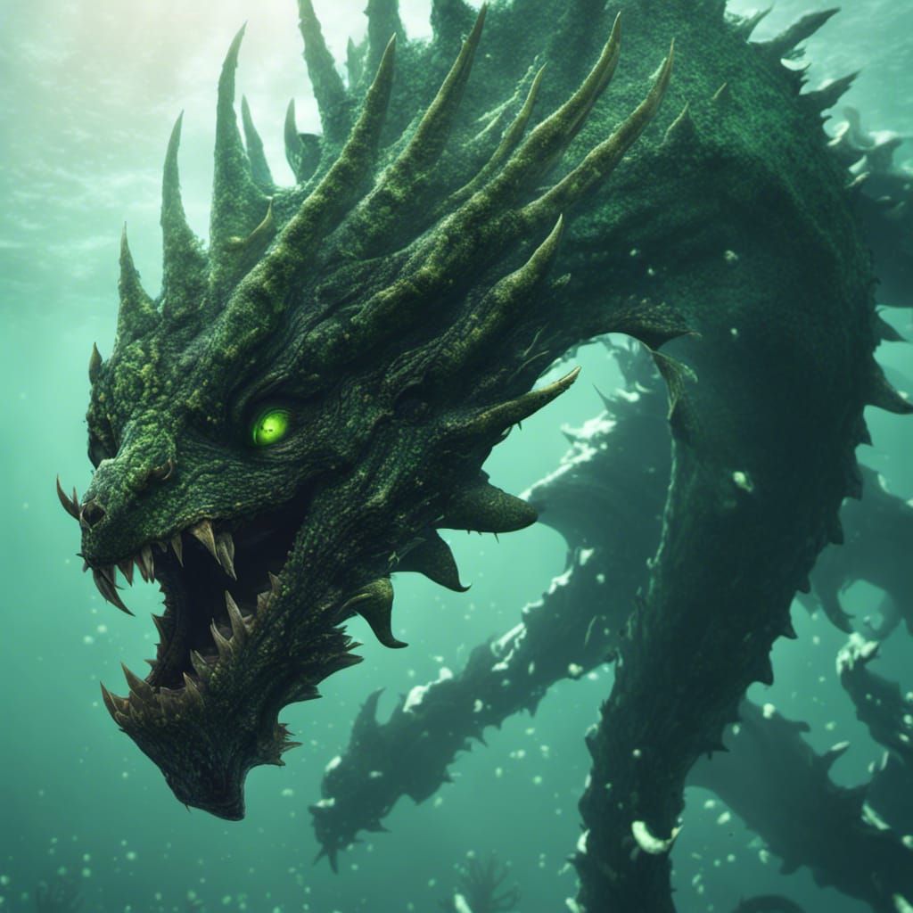 Shadow of a underwater sea serpent beast with green eyes and spikey ...
