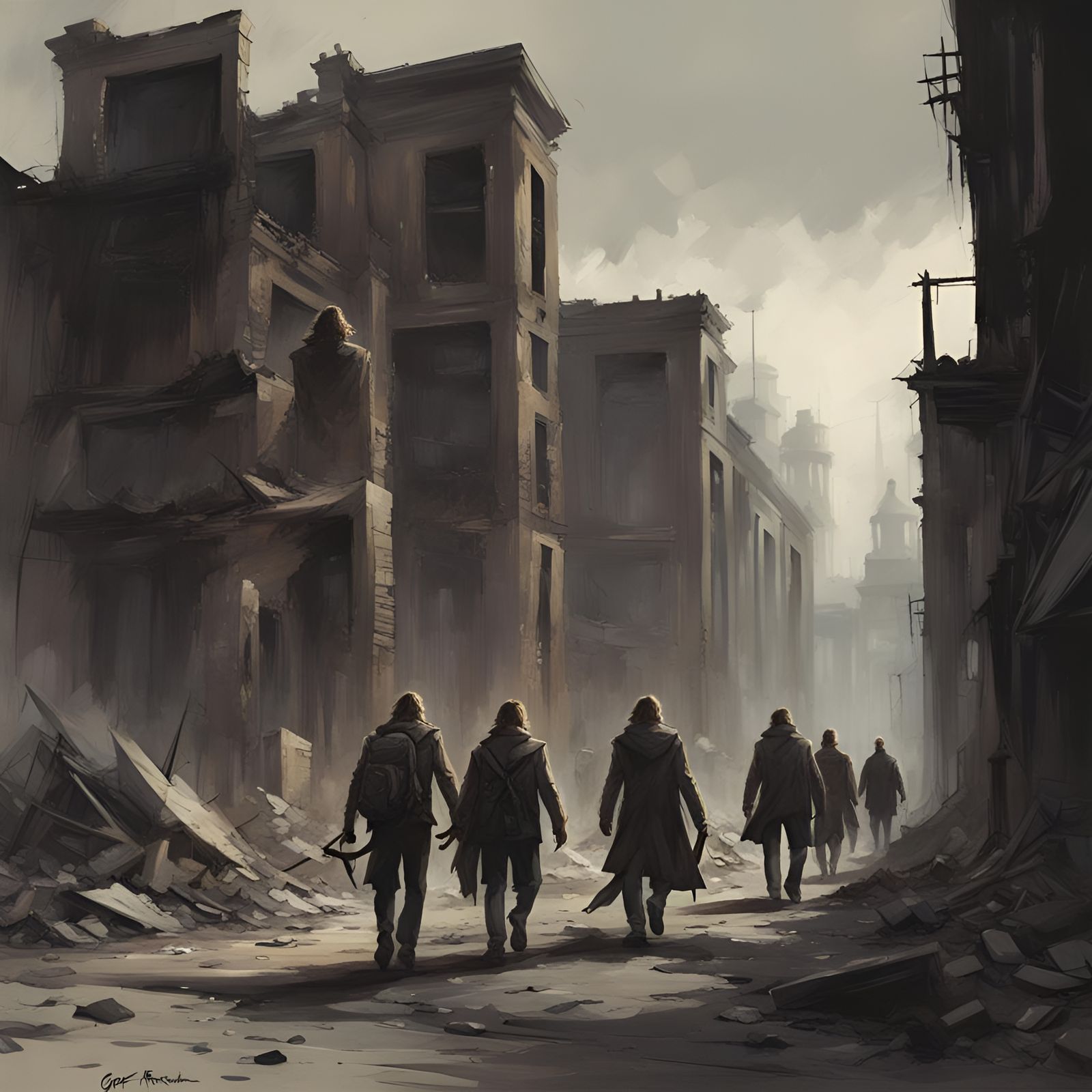 Group of survivors wandering the streets of a ruins city