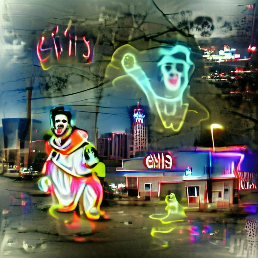 elvis clown ghost city glowing neon