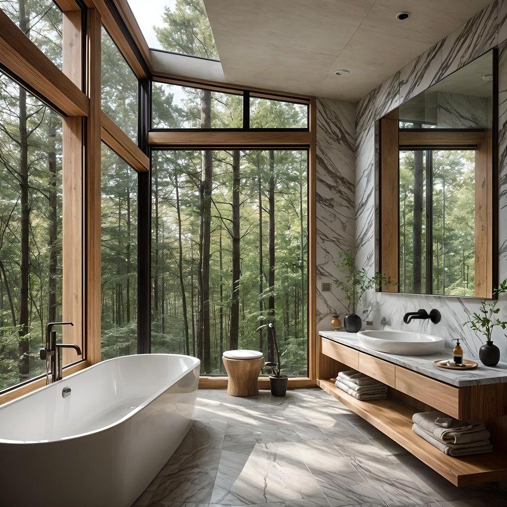 Bathroom with bathtub and toilet, marble, minimalistic, wooden details, white, forest green, japandi style, simple, luxury, window forest vi...