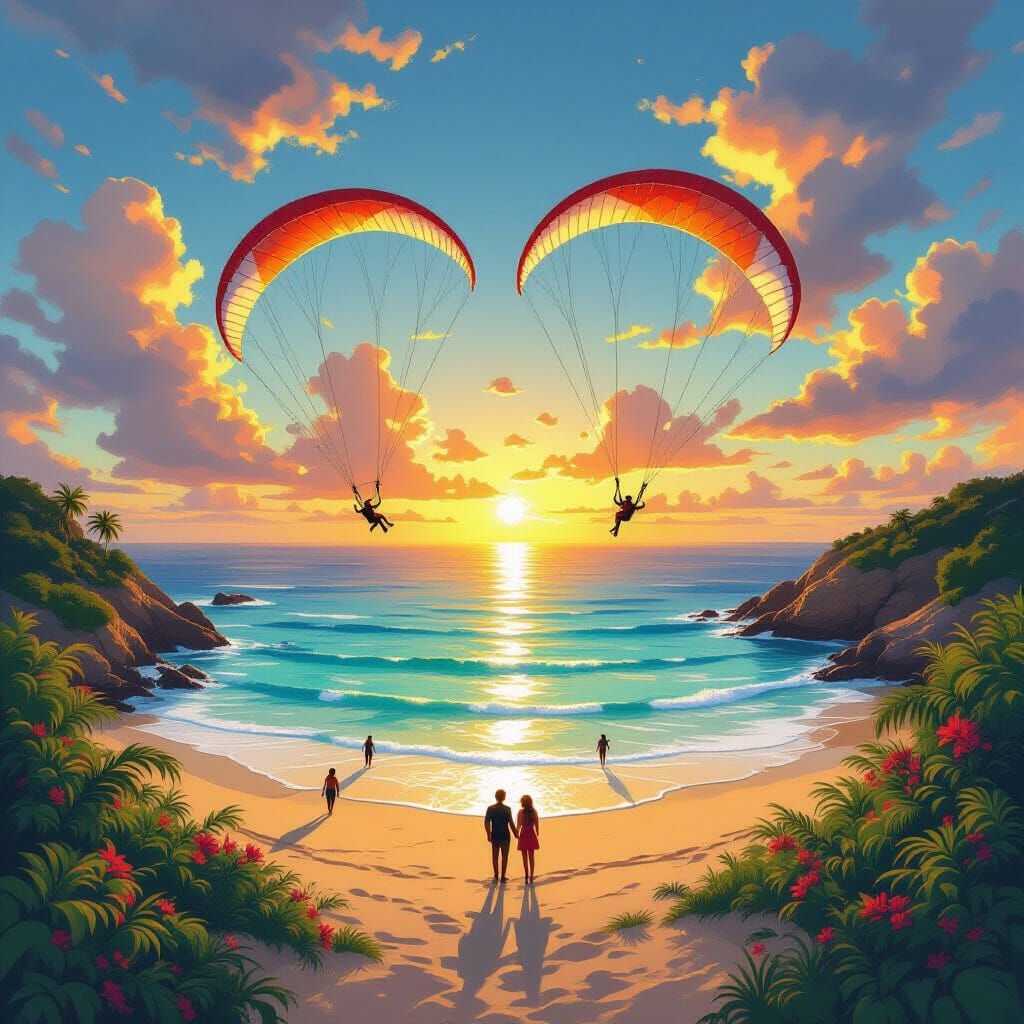 Paragliders Soar Above Turquoise Waters at Sunset