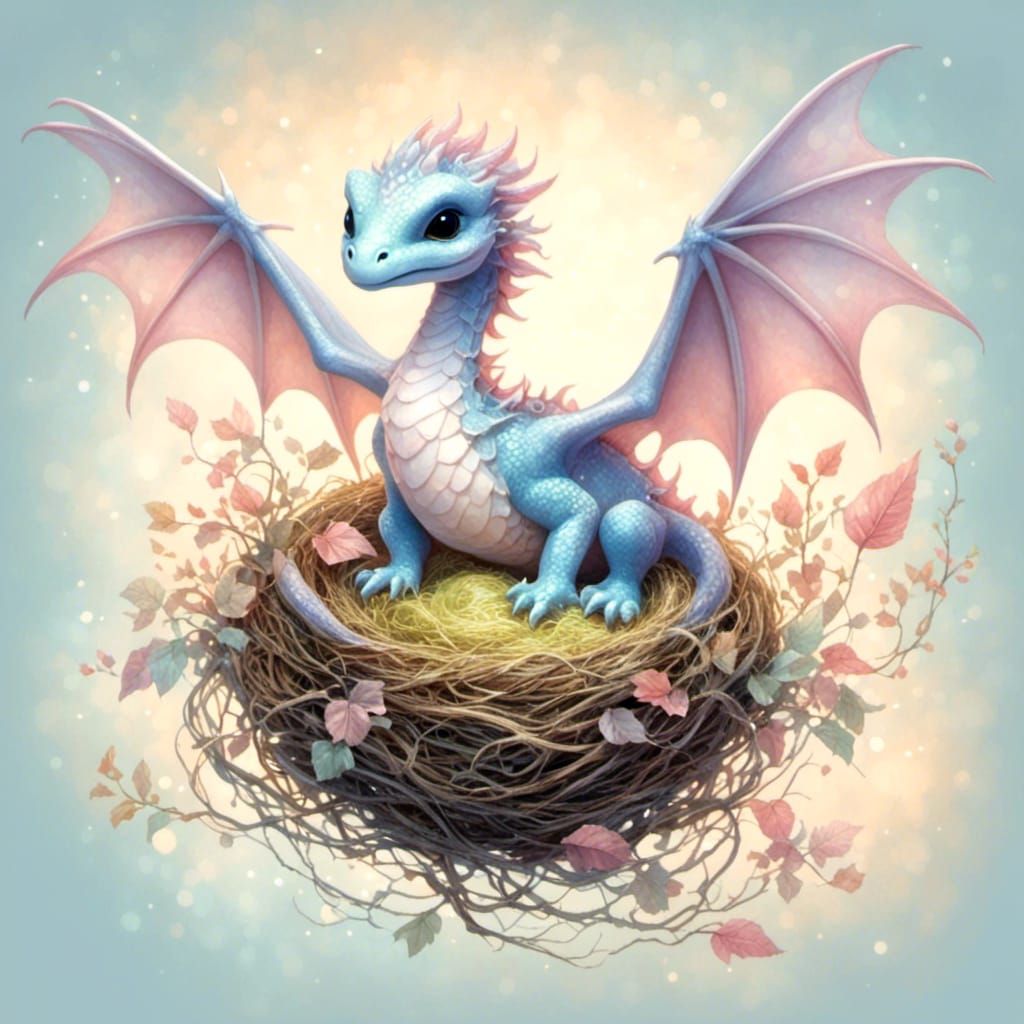  <lora:Cute2:1.0> dragon hatchling flying over nest, Fairytale soft colors. 