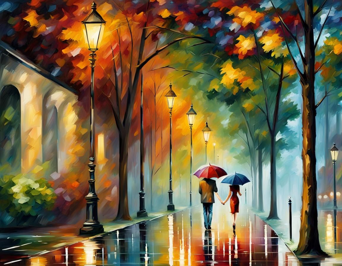 Leonid Afremov style, muted colors, palette knife painting, a street ...