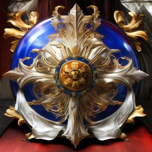 <lora:Emblazoned DSv8:1.0> Red woman facing blue man, coat of arms, shield