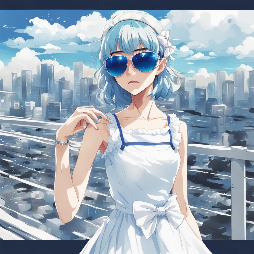 Anime Girl in White Dress and Sunglasses