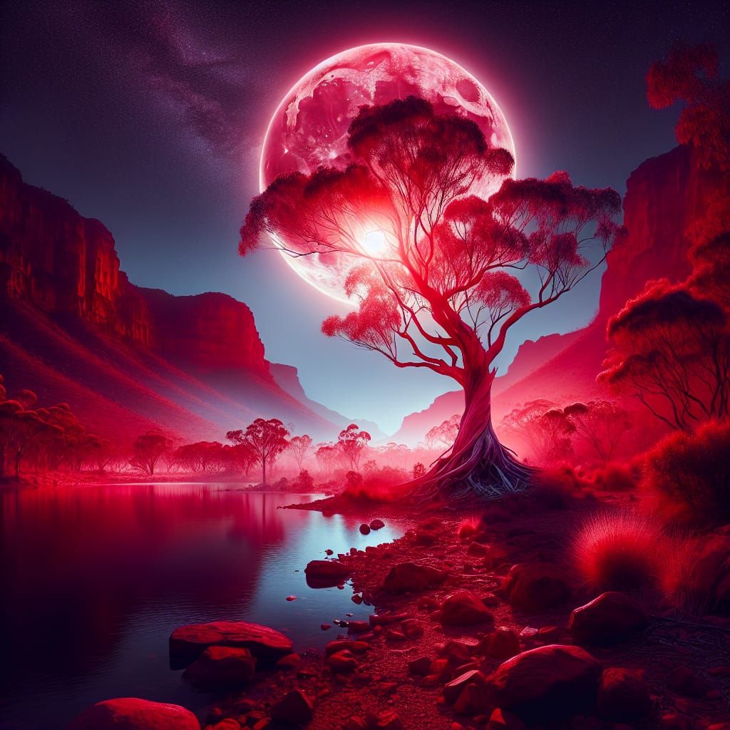 the ethereal beauty of a mystical Australian outback under the red moonlight. The scene should be illuminated ...  by @Nednut4362