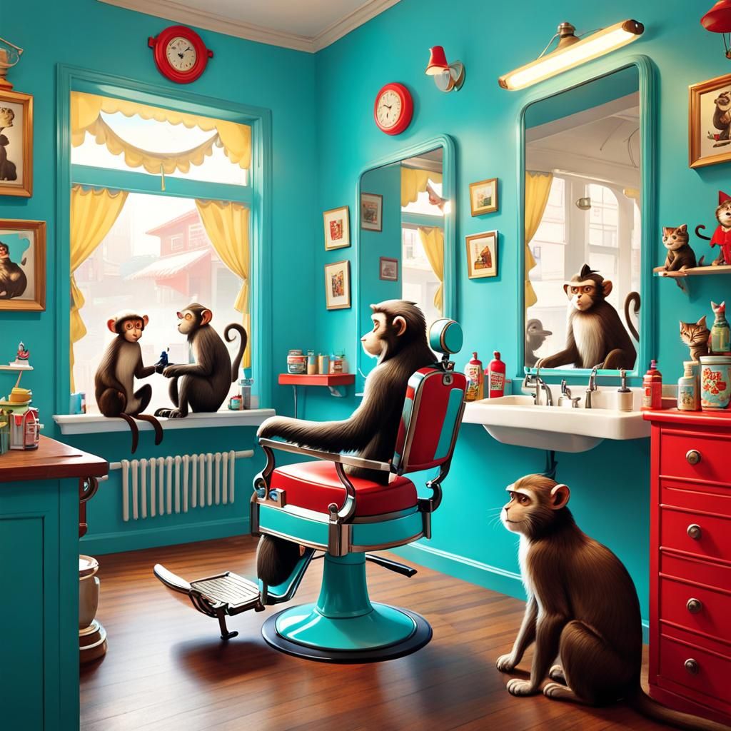 "A Barber's Shop with Monkeys and Cats" in the style of Dr S...
