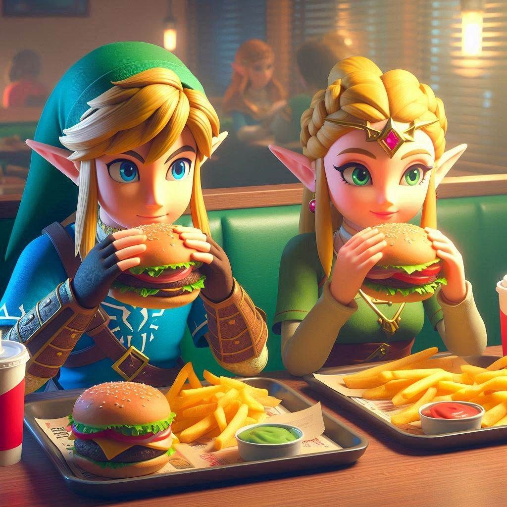 Zelda and Link eating burgers