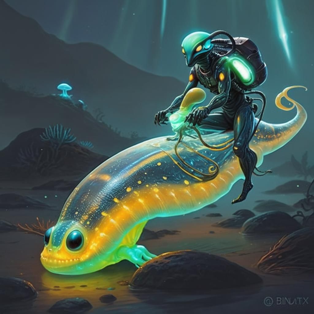 An alien is riding a bioluminescent slug.
