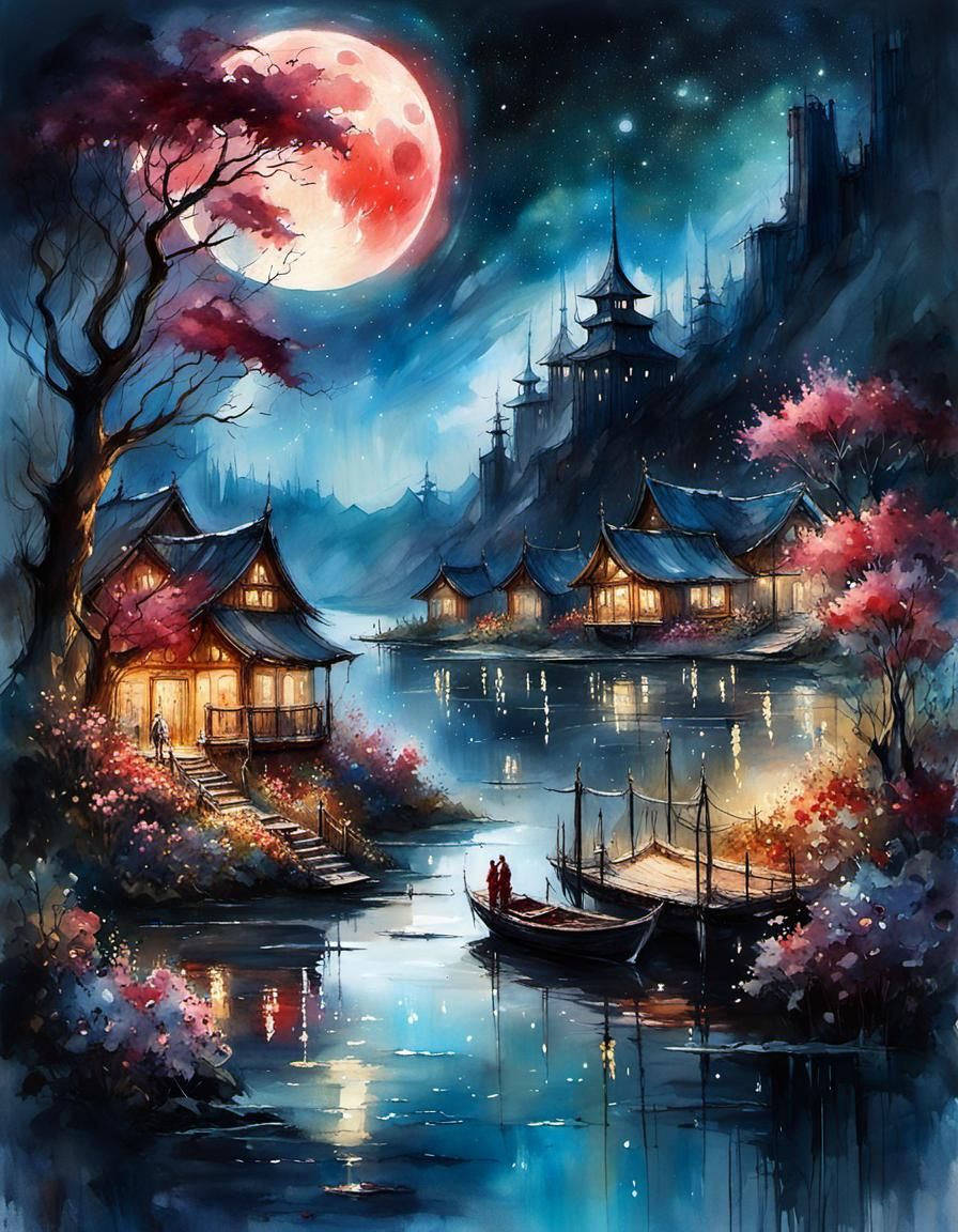 Blood Moon Evening Village  by @Jasmine Liu