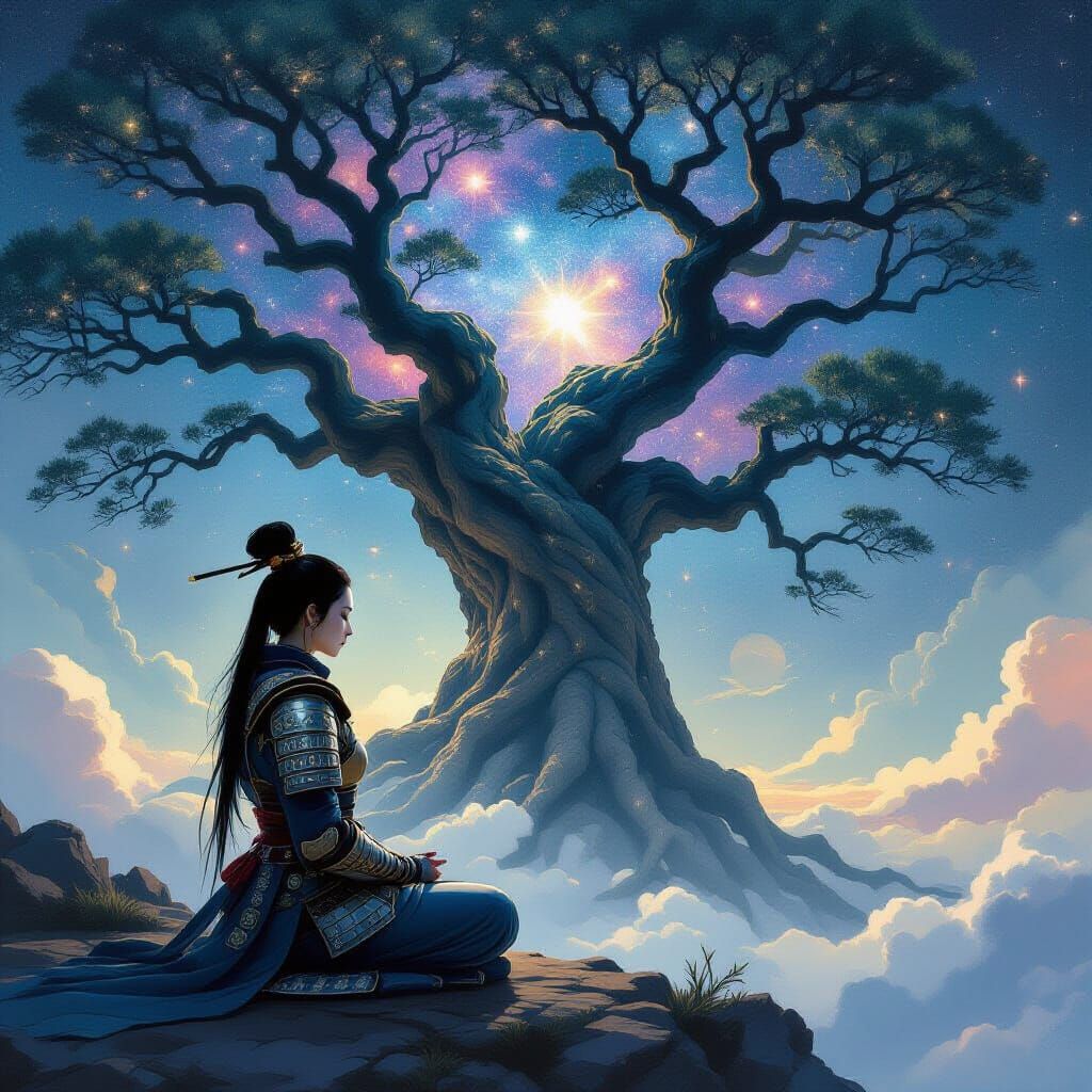 A serene woman samurai meditating by an ancient cosmic tree  by @undefined