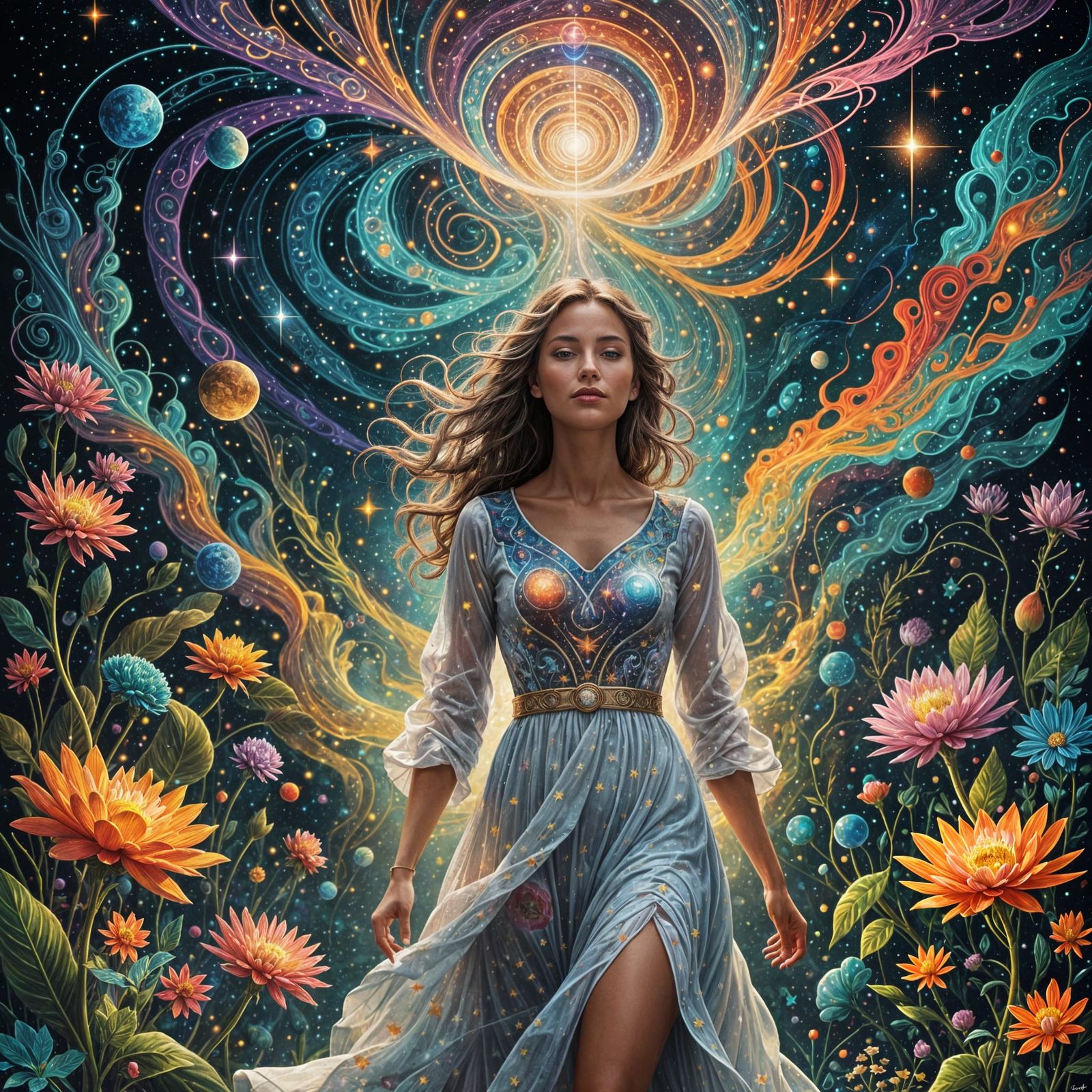 Woman Surrounded by Cosmic Energy in Vibrant Garden