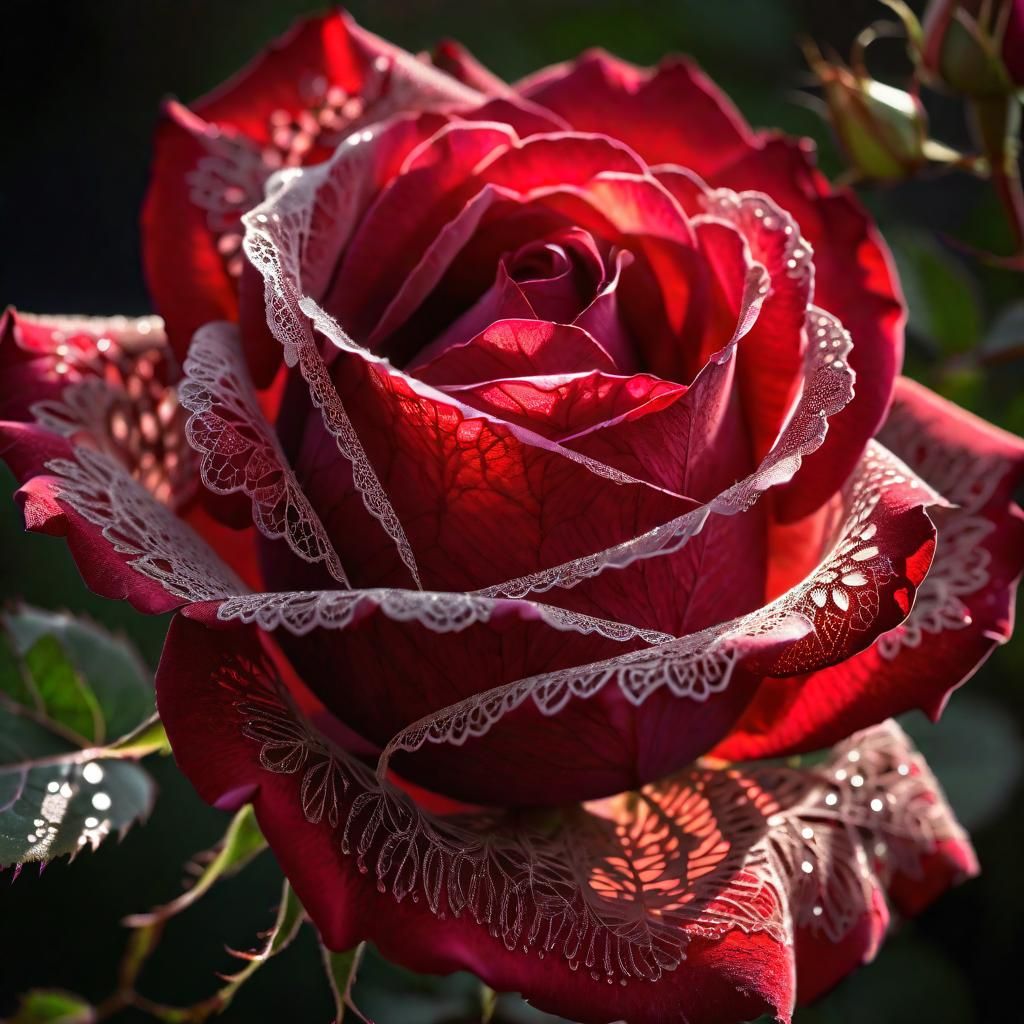 Single deep red rose bloom with delicate and openwork lace petals  by @Paul Meadows