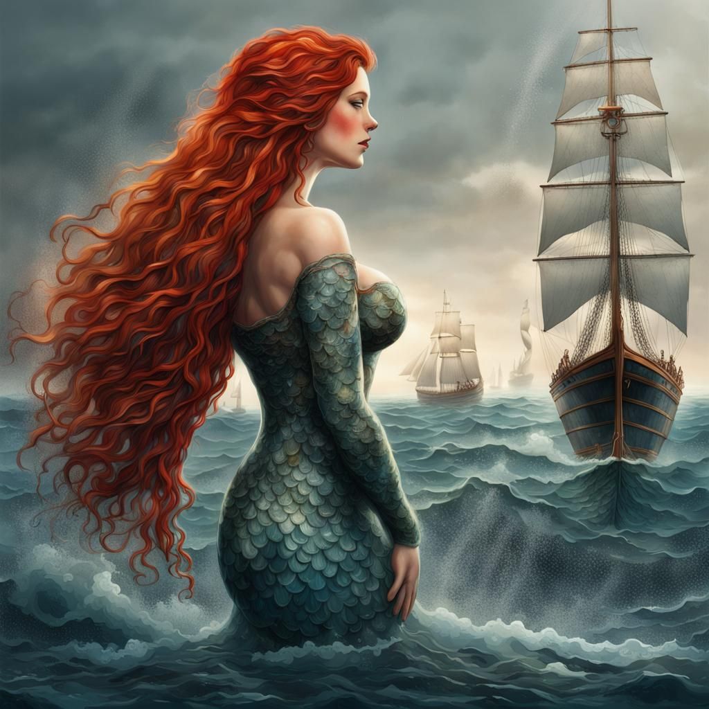 A titanic curvy mermaid rising from the ocean. Water is dripping down from her. She has long red hair ...  by @bladem