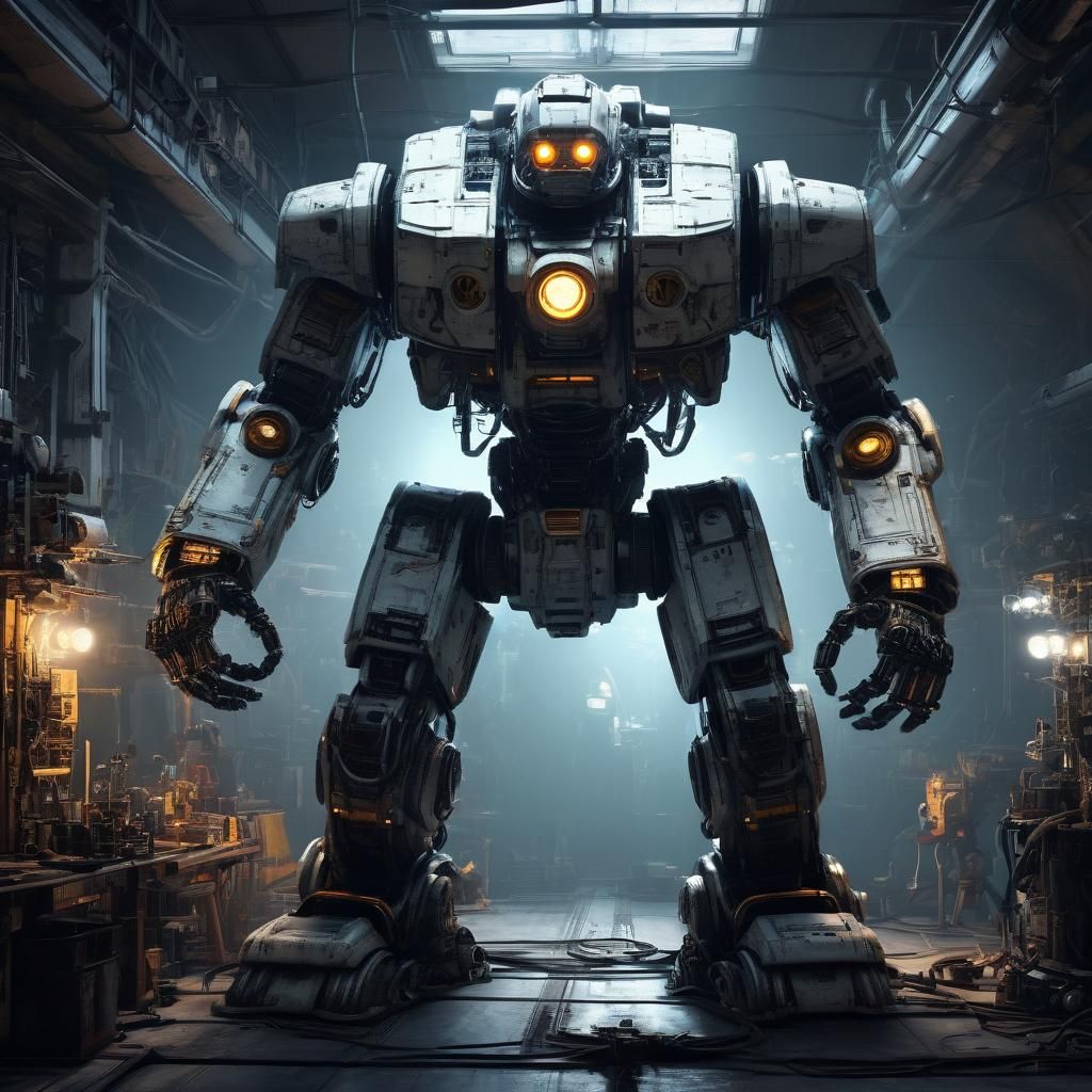 A massive mech being powered up after a successful repair, w...