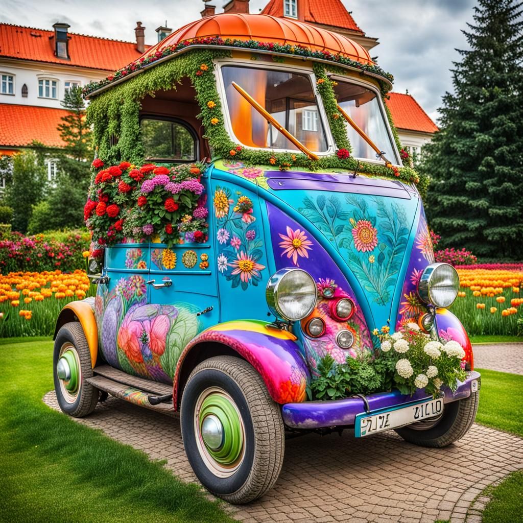 Colorful Hippie Car in Lithuania Mansion Garden