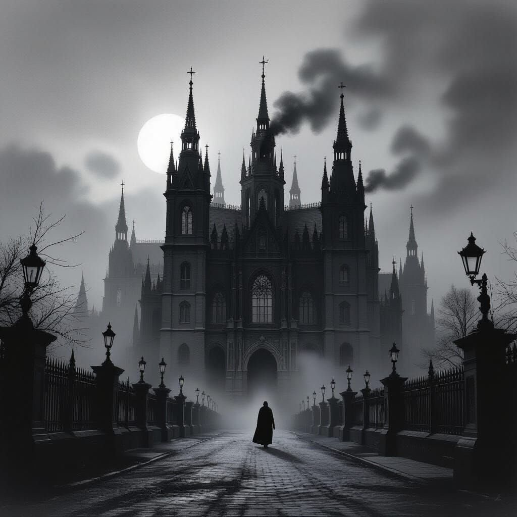 Monochromatic Gothic Palace in Desolate Landscape