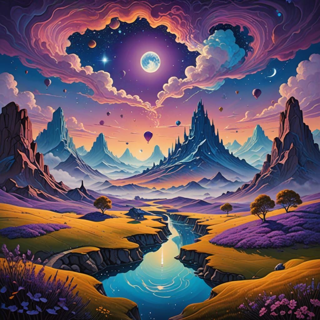 Surreal Oil Painting of a Figure in a Vibrant Dreamlike Land...