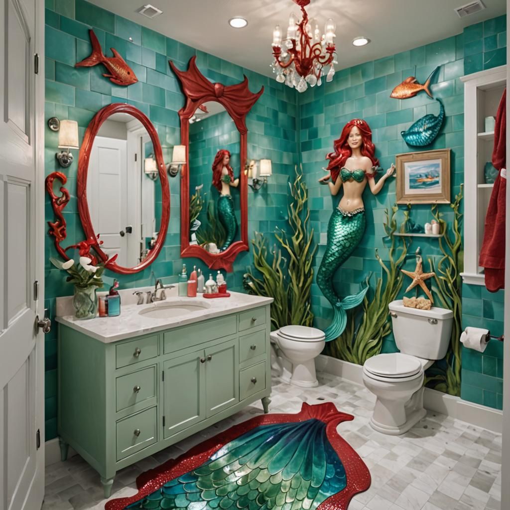 A bathroom decorated in a mermaid theme, blue, green, red