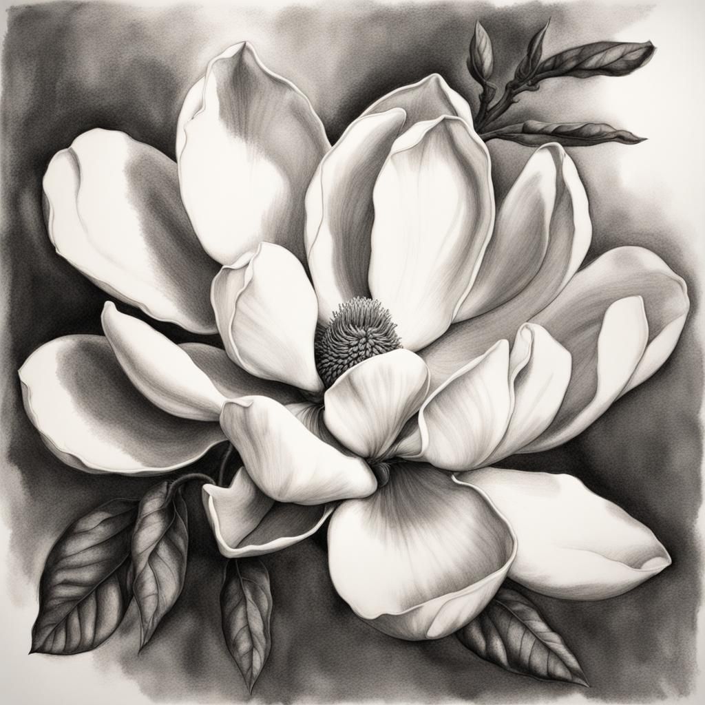Magnolia flower, full bloom, drawn in black ink  by @Hydromaester
