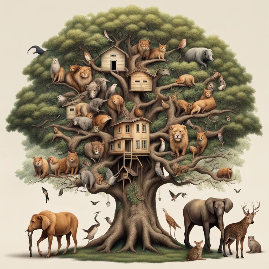 One tree with each branch filled with animals and has it lik...