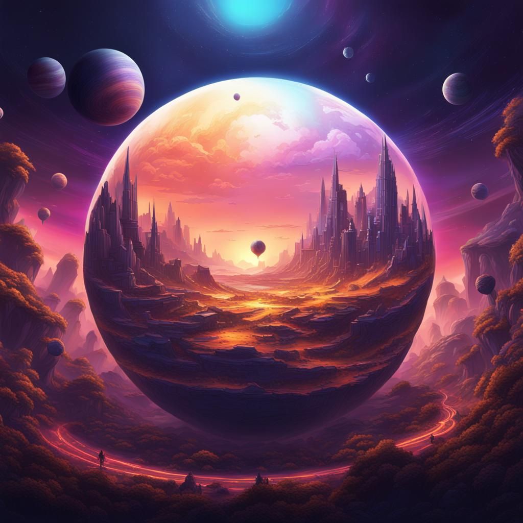 An overworld in a sphere with space on the ground, color gra...
