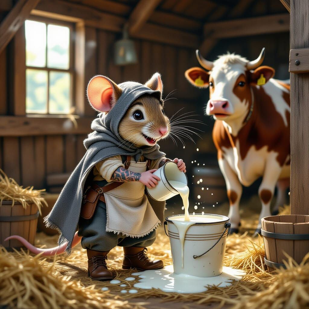 Finn, an anthropomorphic woodland mouse, has finished milking a cow in a rustic barn. He's dressed in shabby clothes with a gray cloak drape...
