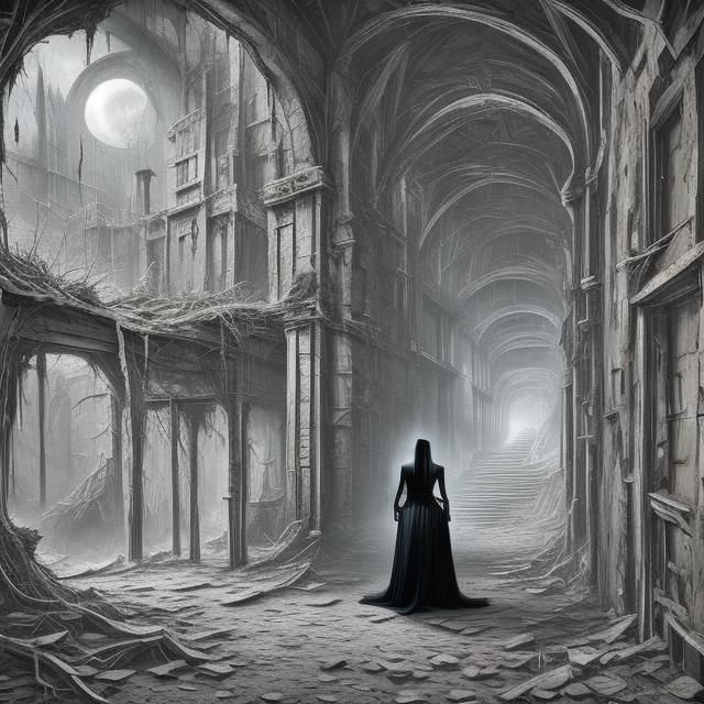 Forgotten Castle Hallway, (Woman Knocking:1.3) <lora:Abandoned:0.5> <lora:Spooky:0.4> <lora:Architecture:0.5> +3  by @HisBride