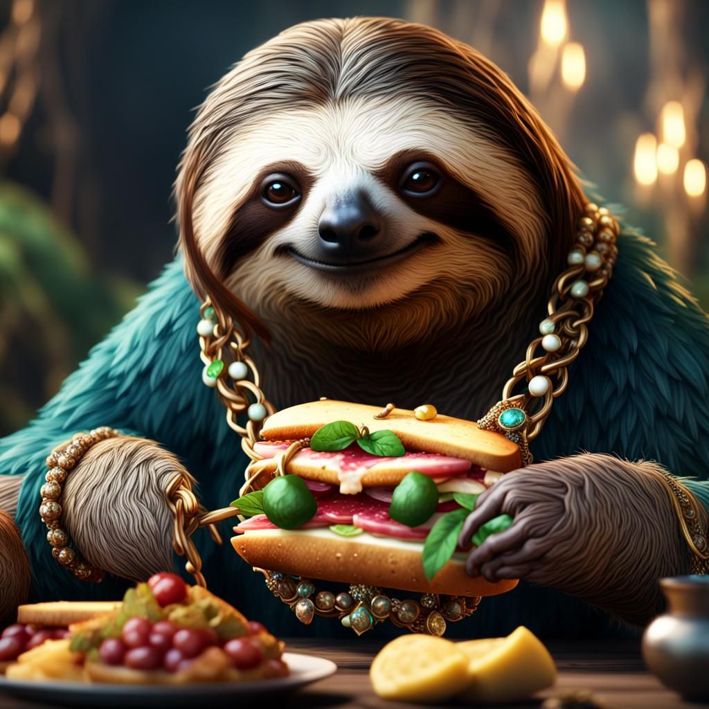 Sloth with jewellery eating a sandwich 🥪