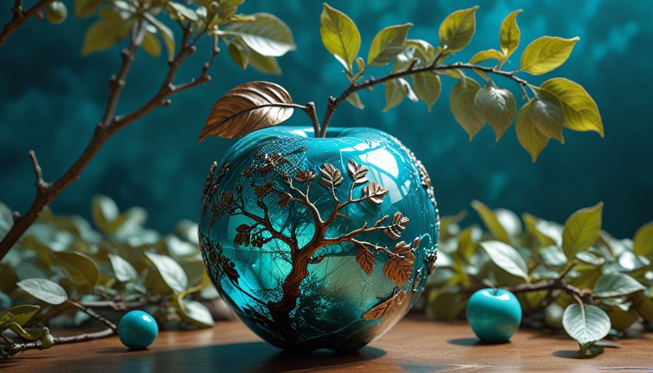 Close-up surreal art photography of a luxurious globe-shaped apple growing naturally from a branch of ...  by @The Quantum AI Journey