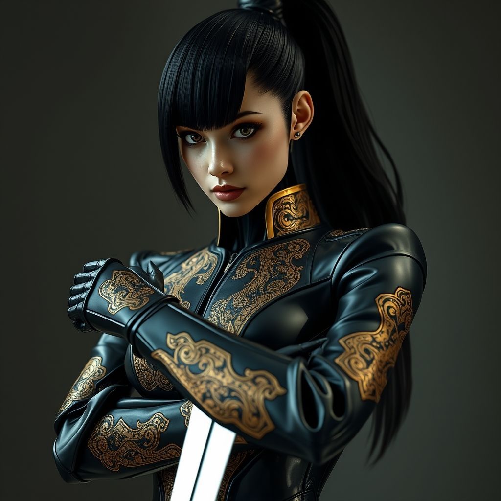 A  close-up portrait of a female robot-like figure