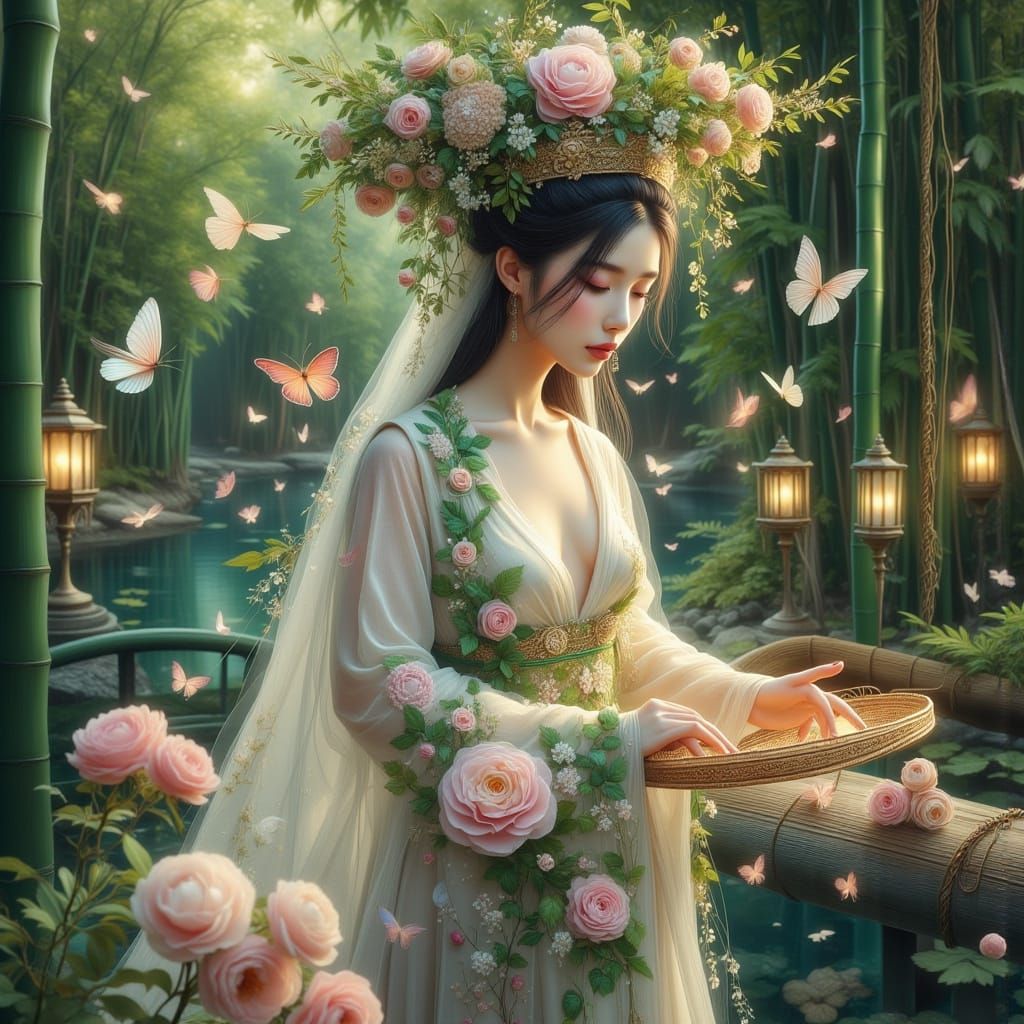 Han Dynasty Lady in Bamboo Gazebo with Stone Lanterns