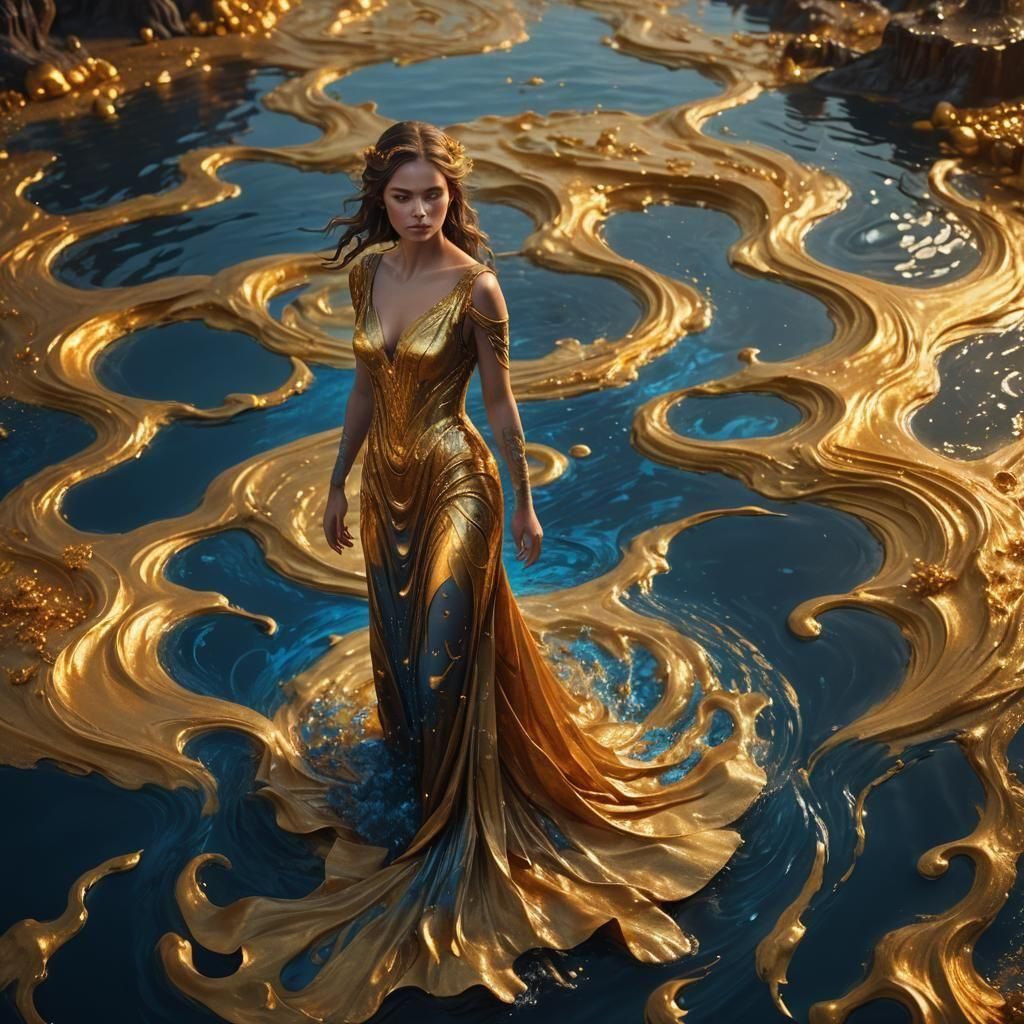 a girl's golden dress melting into a sea of liquid gold arou...