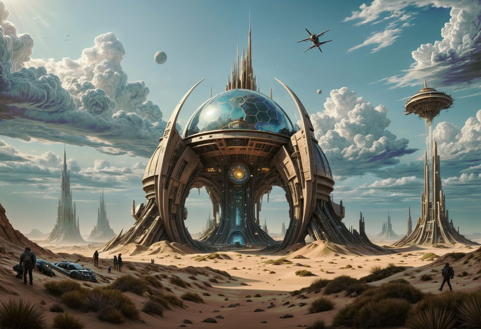 The image depicts a futuristic city built into a desert land...