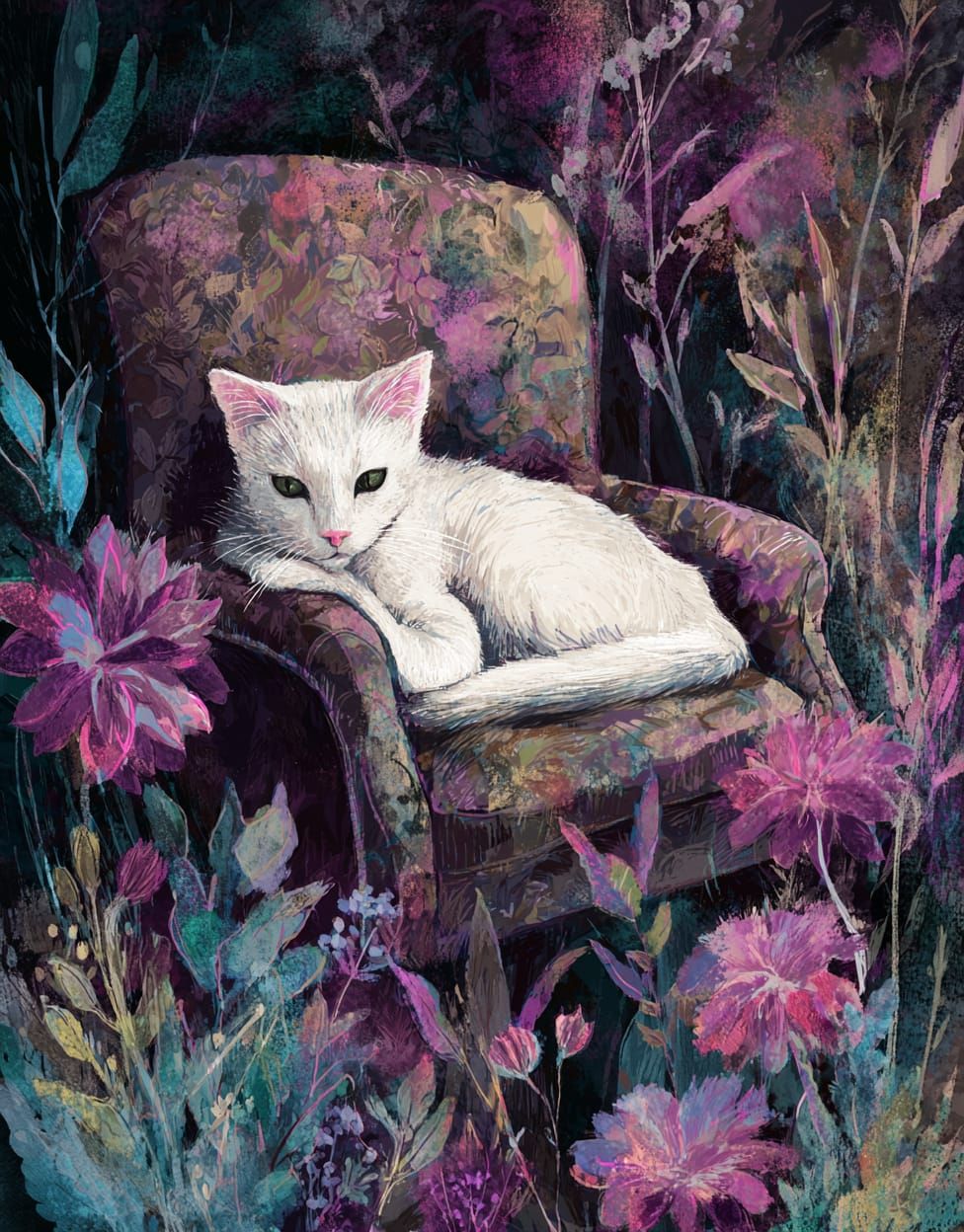 White Cat Purple Flowers