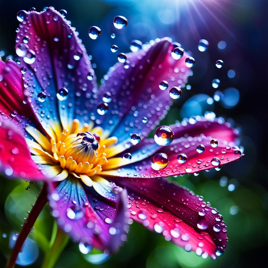 special, beautiful fantasy flower, shiny, colorful, dewdrops on the ...