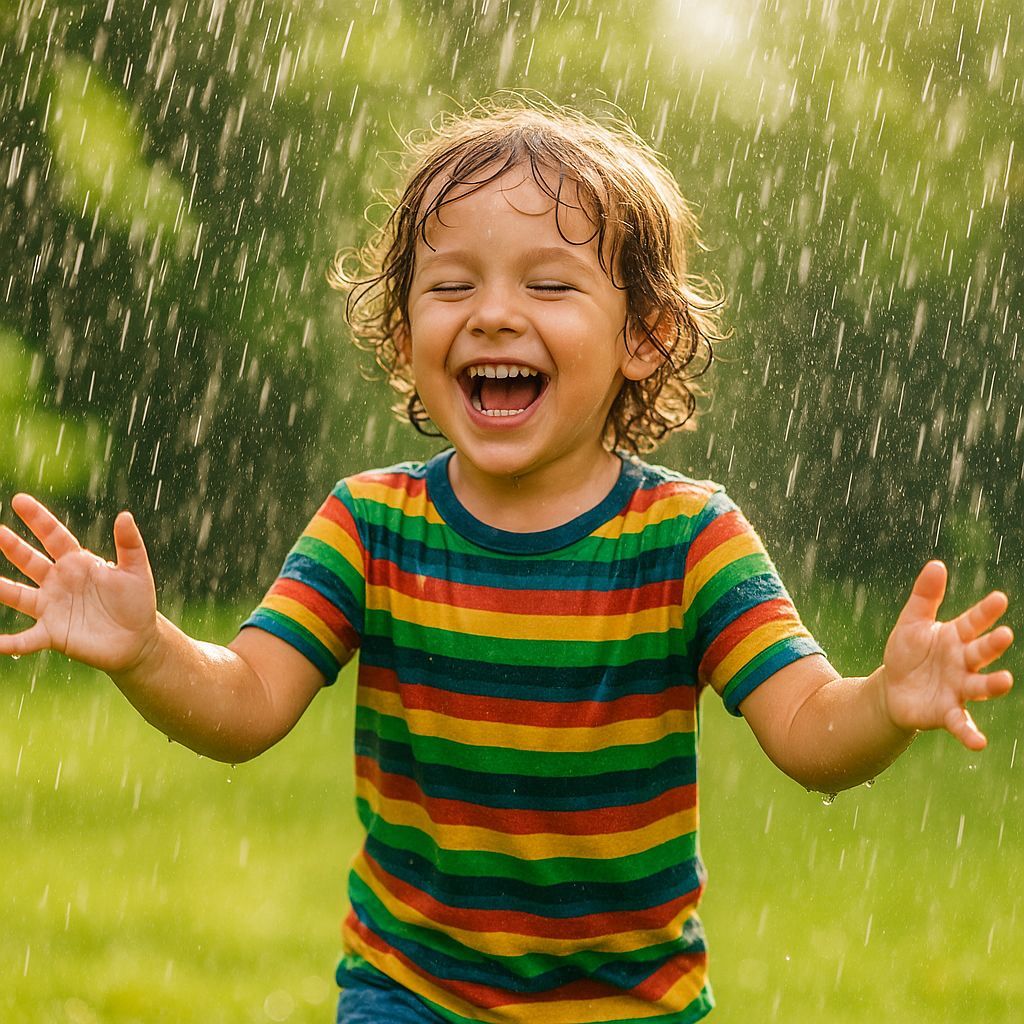A happy child plays in a summer rain storm  by @Mormookiee