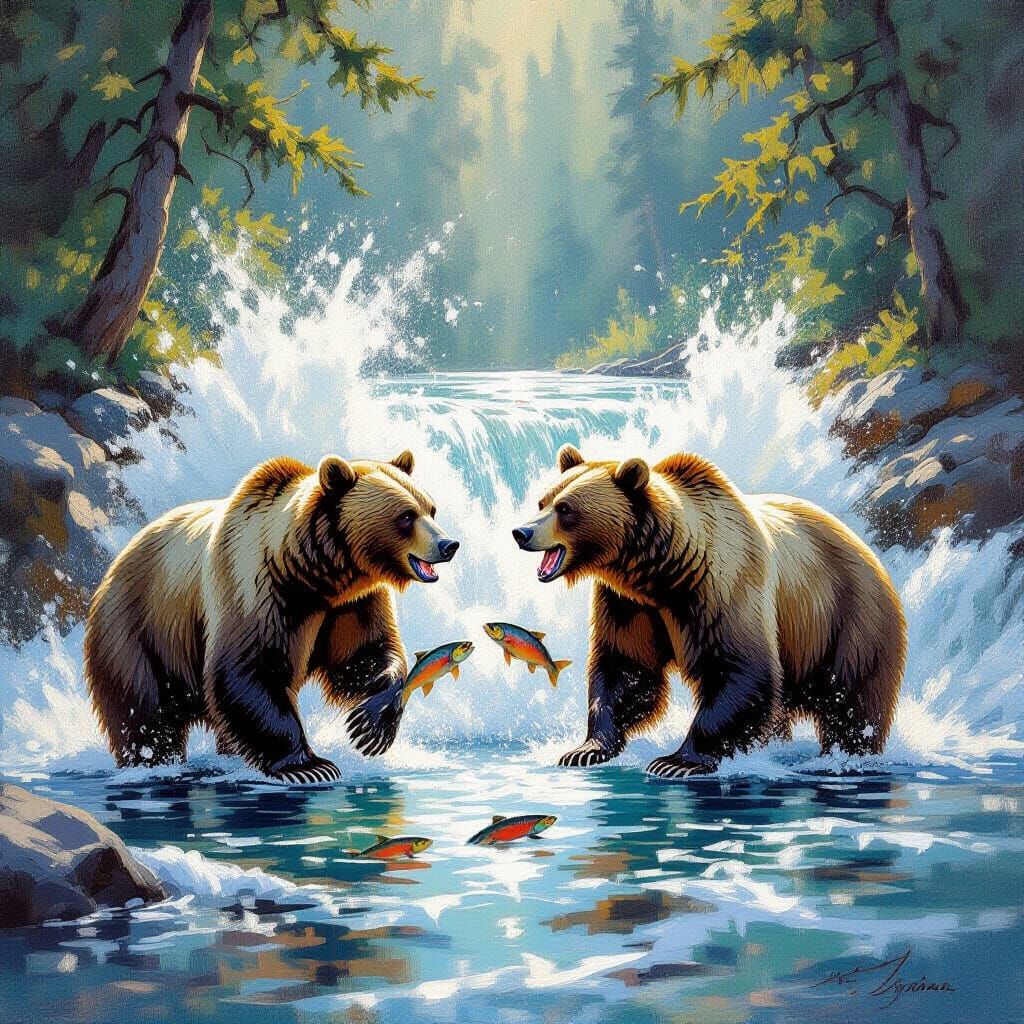 Bears stand on the bank of a river and try to catch salmon.