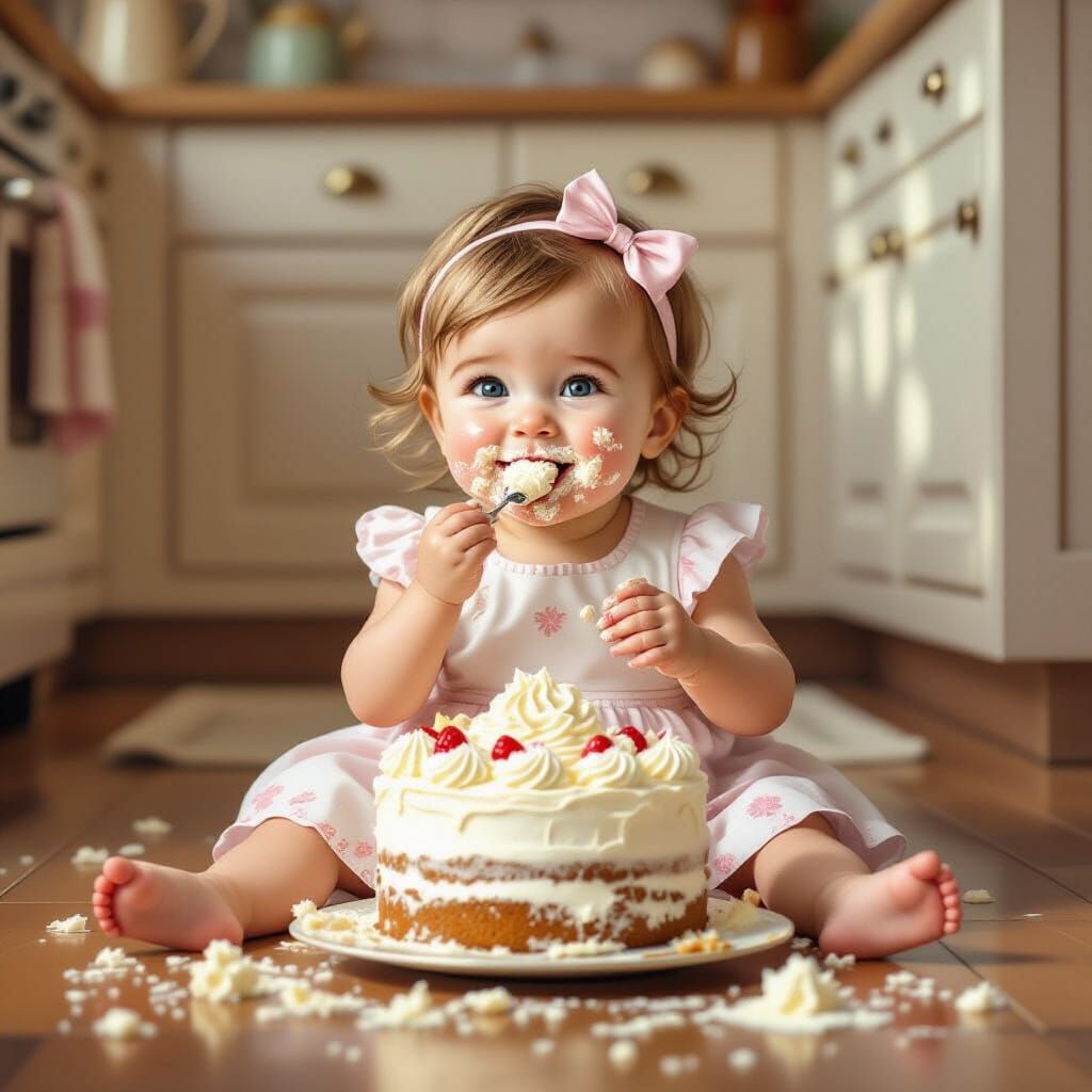 Joyful Baby Girl Messily Eats Cake in Whimsical Style