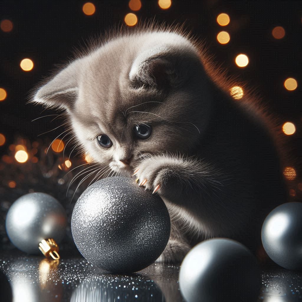 kitten playing with a crhistmas ball