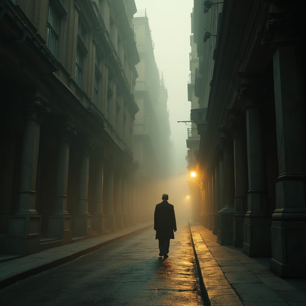 Man Contemplates Futuristic Cityscape at Dusk