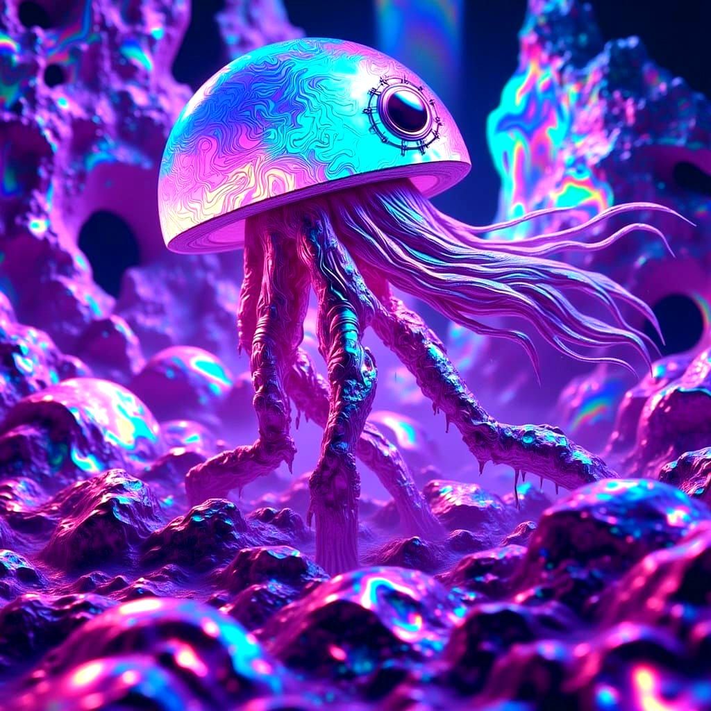 Surreal Hyper-Realistic Android Jellyfish in Neon Fluorescen...