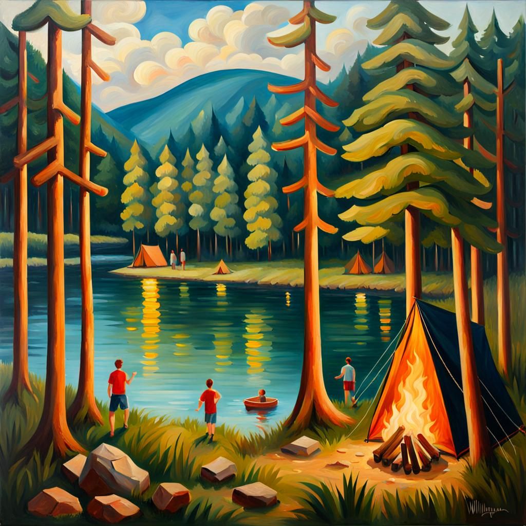 Swimming in the lake in the summer, a forest nearby, a bonfi...