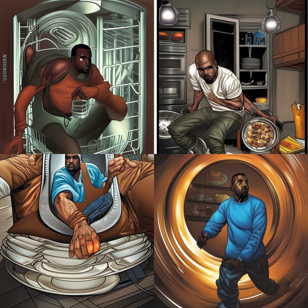 Kanye in a dishwasher with plates