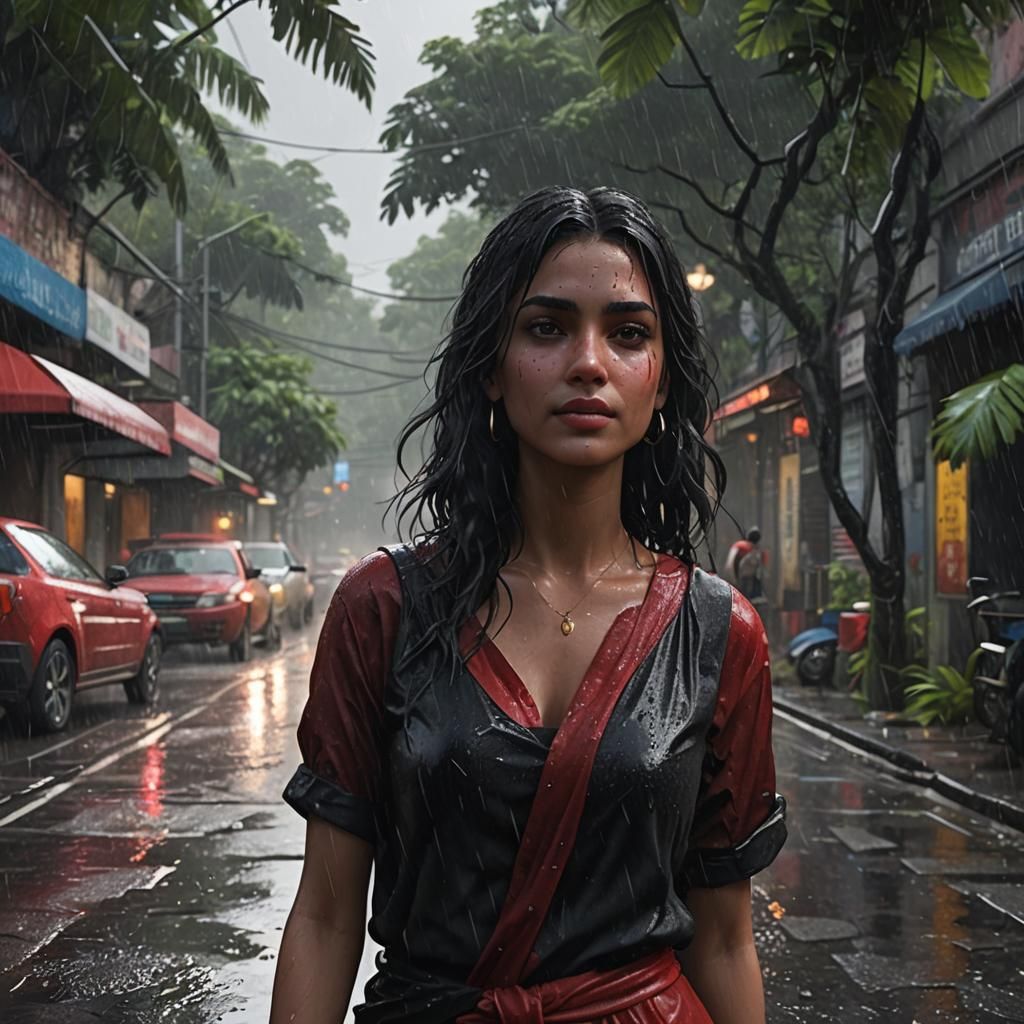 Girl in Red Saree Dancing in Rainy Jungle