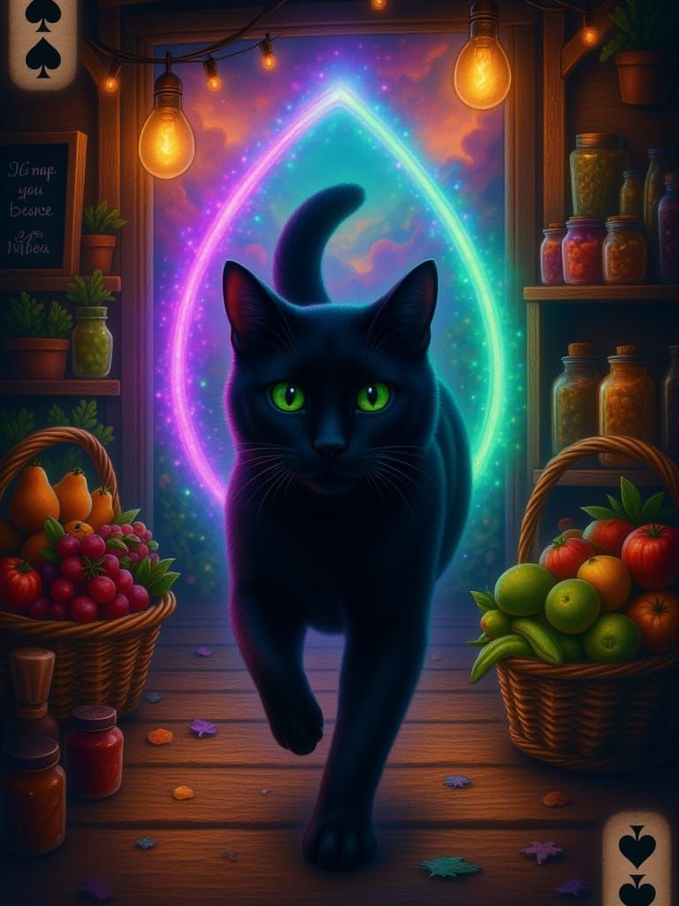 in a Ace of black spades playing card style  Magical pure black velvet fur cat with bright green eyes walking out of a glowing purple and te...